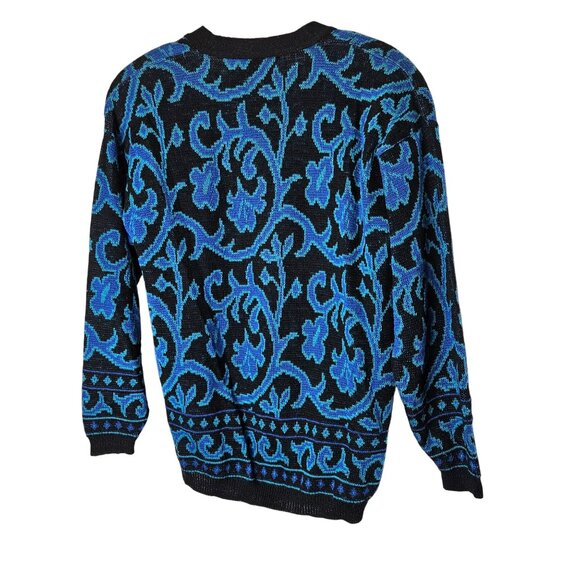 Vintage 80s 90s Pendleton Wool Cardigan Sweater Blue Black Button Puff Sleeve M - Picture 2 of 11